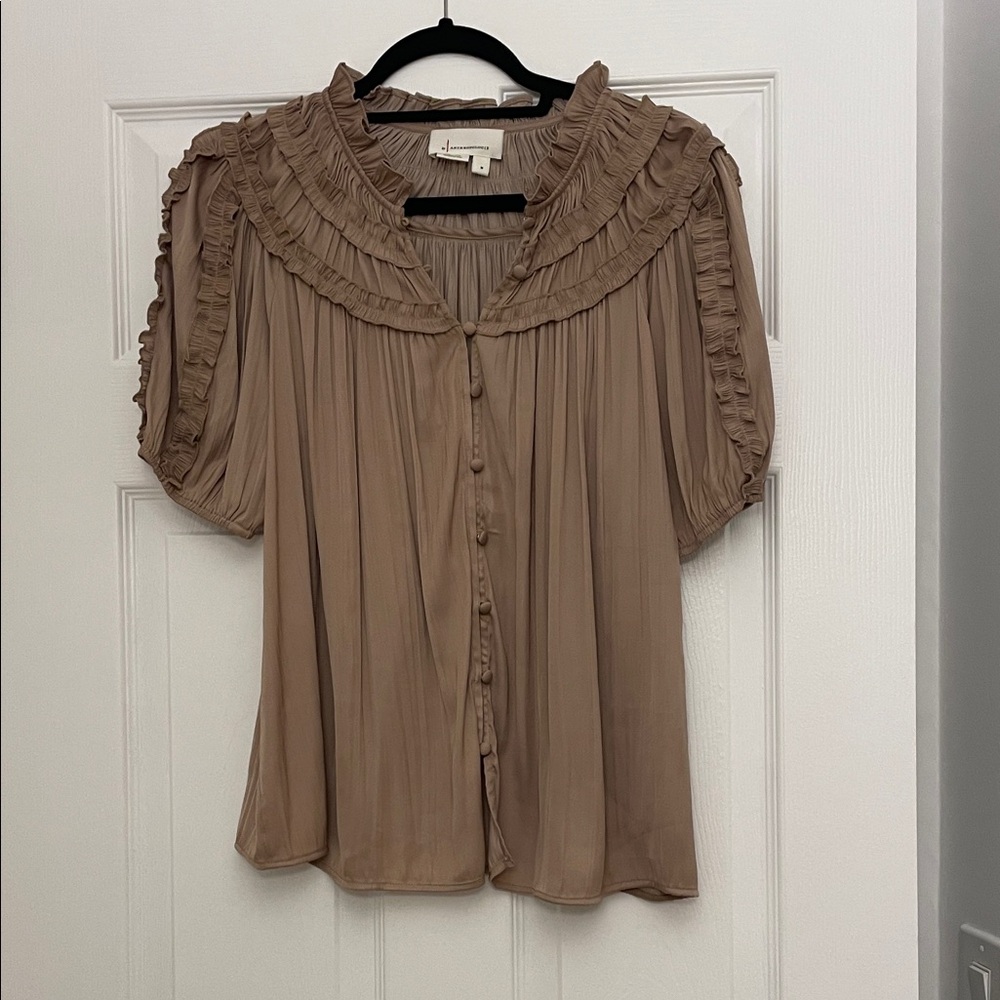 By anthropologie Elegant Ruffled Tan Blouse